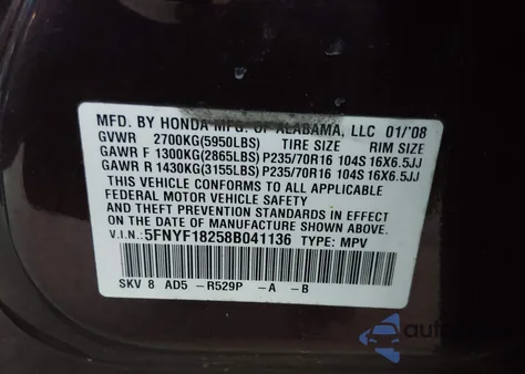 2008 Honda Pilot Vp from USA, damaged, VIN 5FNYF18258B041136